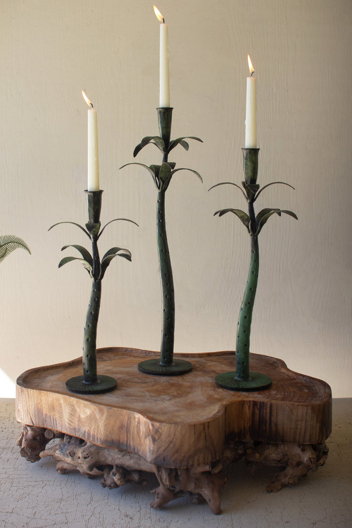 Set of 3 Patina Iron Palm Tree Taper Candle Holders