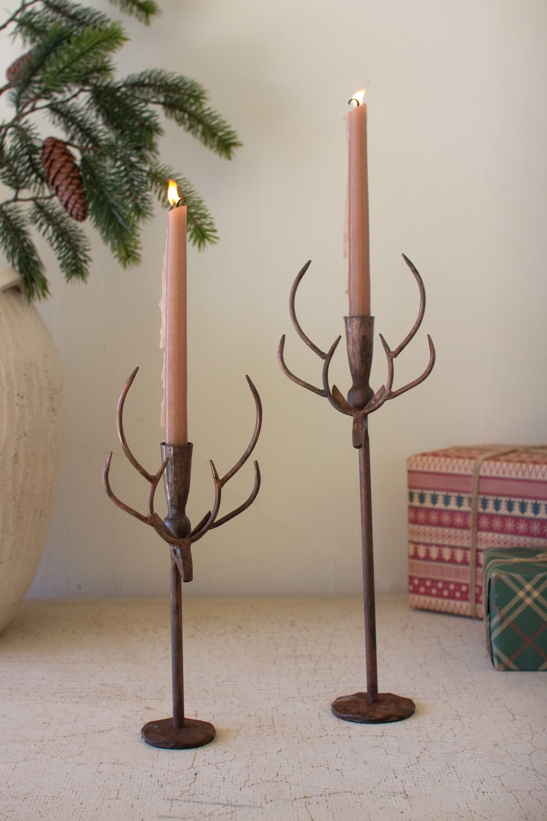 Set of 2 Forged Rustic Iron Deer Candle Holders