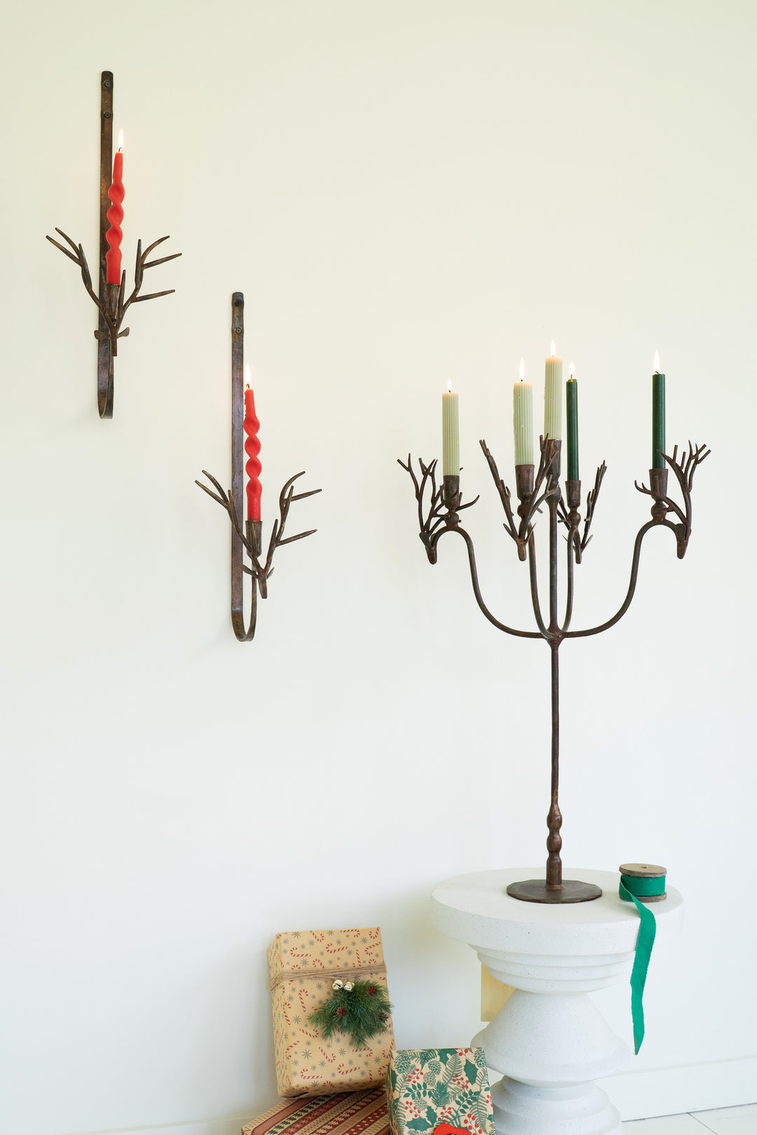 Set of 2 Forged Rustic Iron Deer Taper Wall Sconces