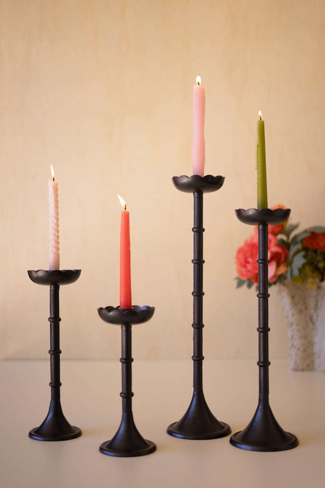 Set of 4 Black Cast Aluminum Taper Candle Holders with Flowers