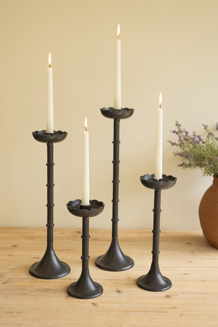 Set of 4 Black Cast Aluminum Taper Candle Holders with Flowers