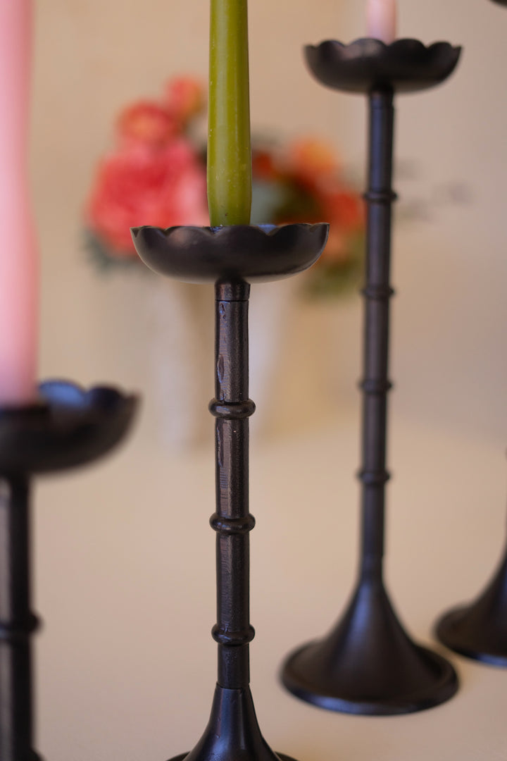 Set of 4 Black Cast Aluminum Taper Candle Holders with Flowers