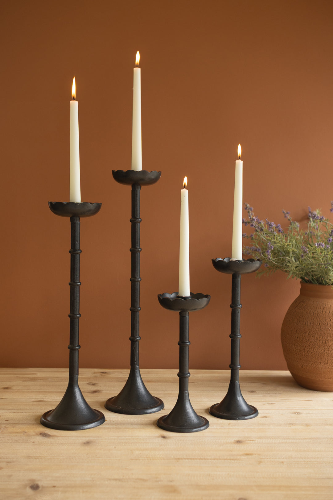 Set of 4 Black Cast Aluminum Taper Candle Holders with Flowers
