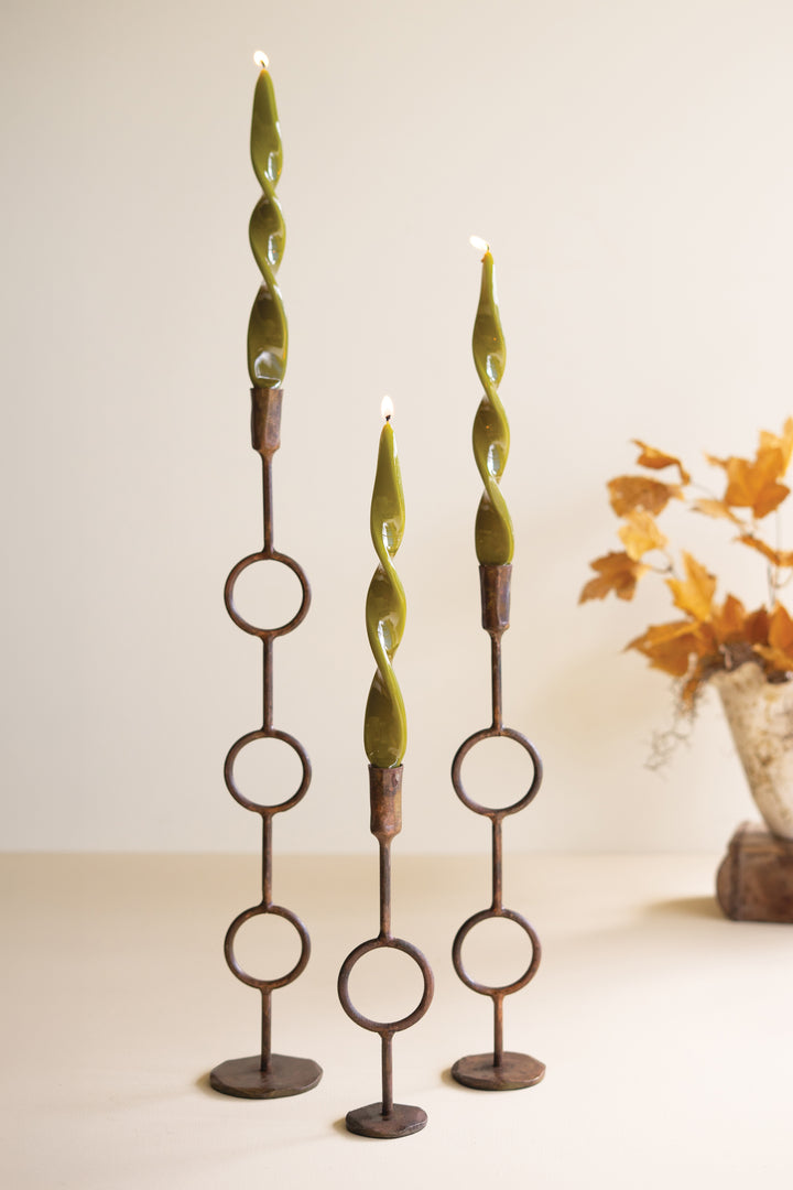 Set of 3 Forged-Iron Antique Brass Rings Taper Candle Holders