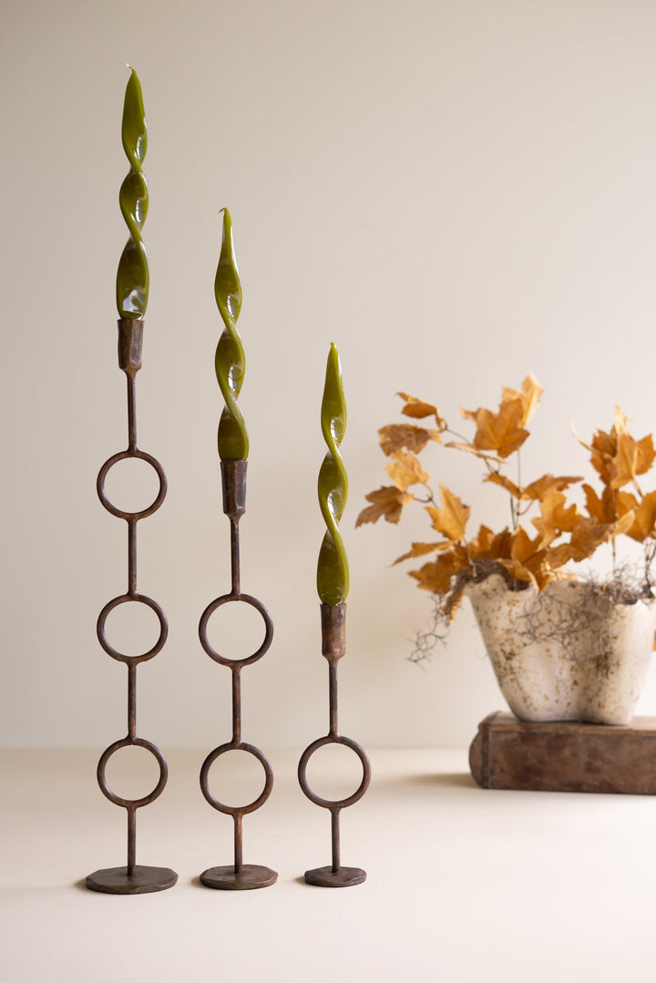Set of 3 Forged-Iron Antique Brass Rings Taper Candle Holders