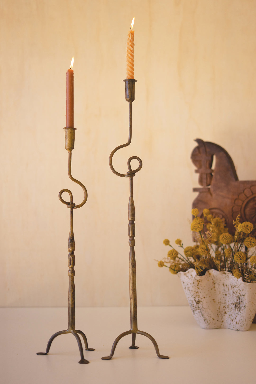Set of 2 Forged-Iron Antique Brass Loops Taper Candle Holders