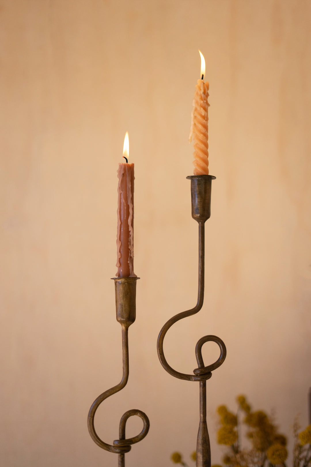 Set of 2 Forged-Iron Antique Brass Loops Taper Candle Holders