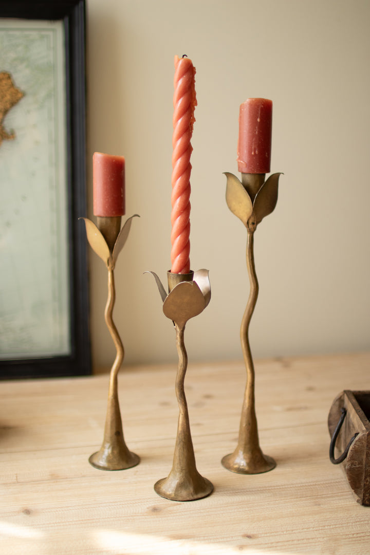 Set of 3 Forged-Iron Leaves Taper Candle Holders