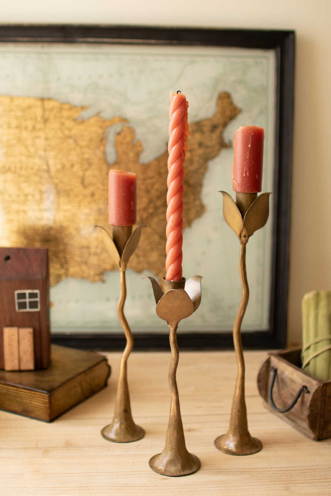Set of 3 Forged-Iron Leaves Taper Candle Holders