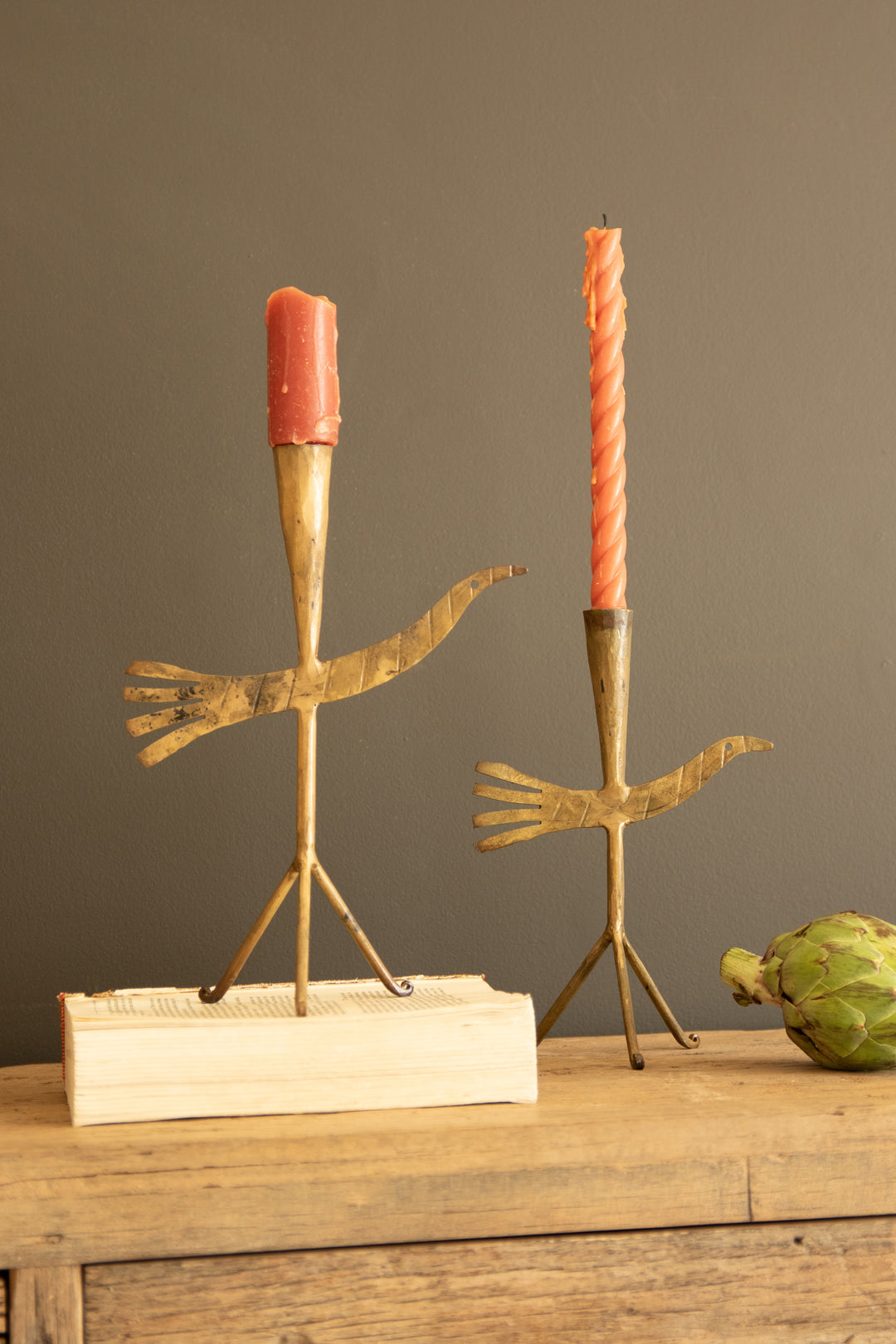 Set of 2 Forged-Iron Antique Gold Bird Taper Candle Holders