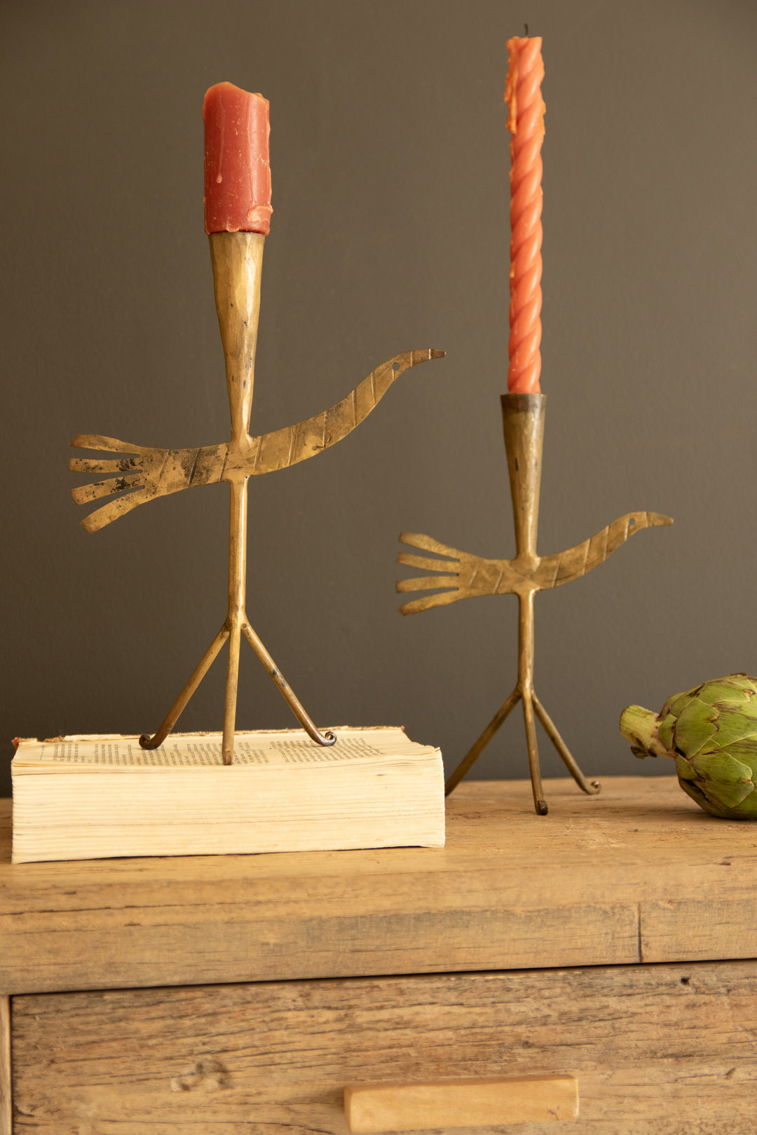 Set of 2 Forged-Iron Antique Gold Bird Taper Candle Holders