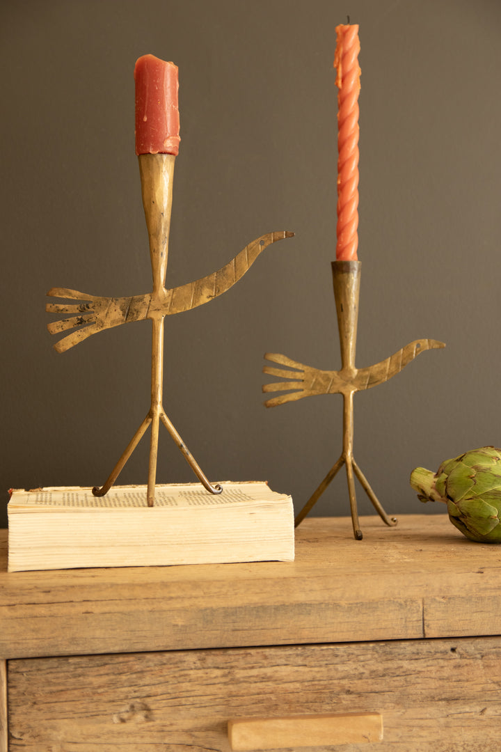 Set of 2 Forged-Iron Antique Gold Bird Taper Candle Holders