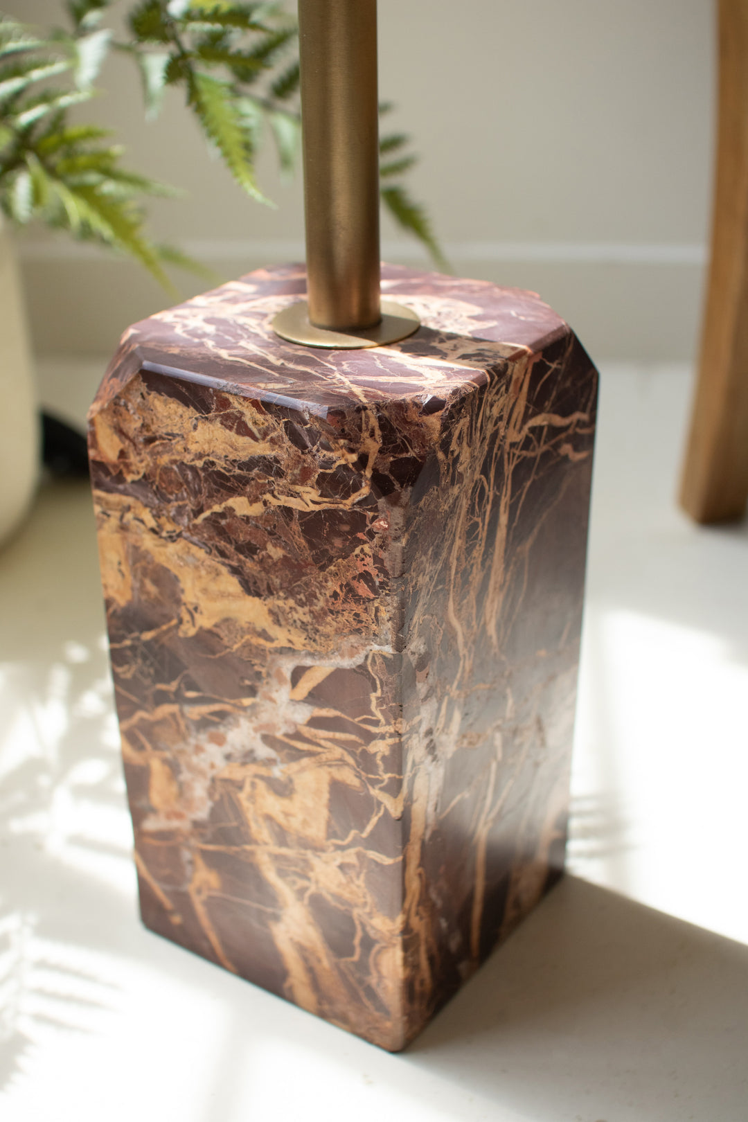 Floor Lamp with Red Marble Base and Rattan Shade