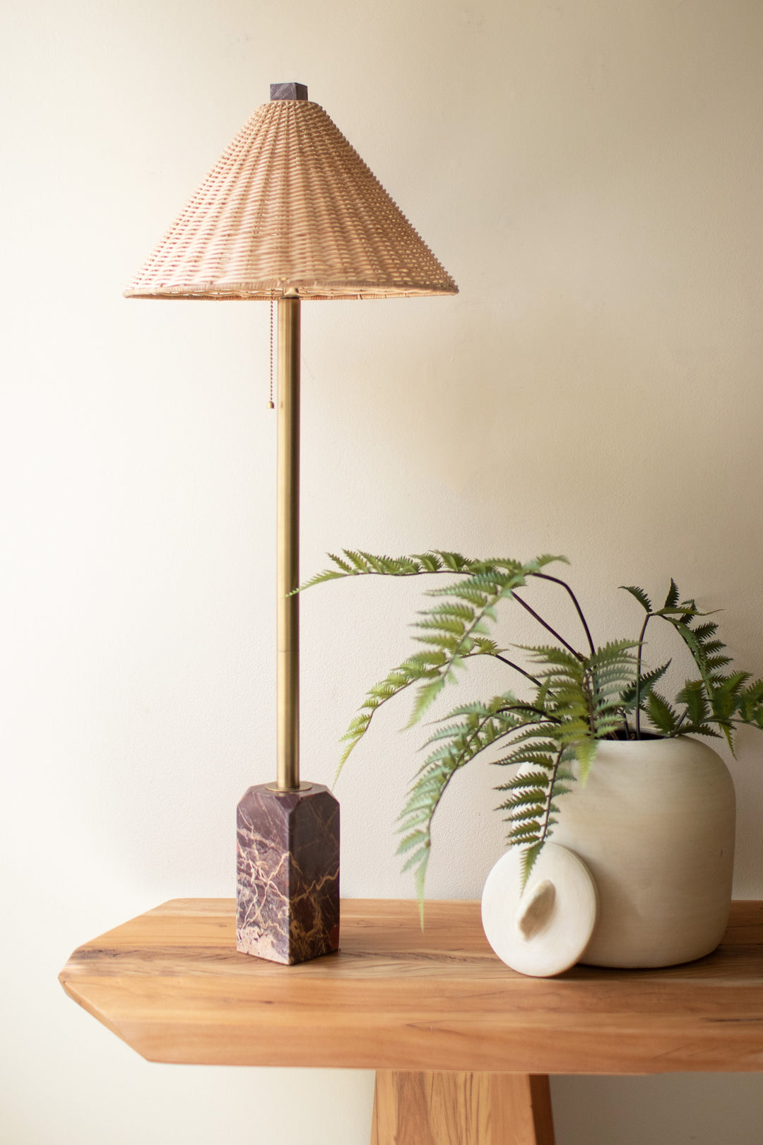 Table Lamp with Red Marble Base and Rattan Shade