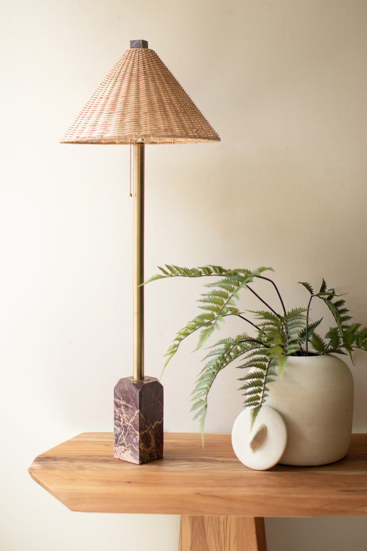 Table Lamp with Red Marble Base and Rattan Shade