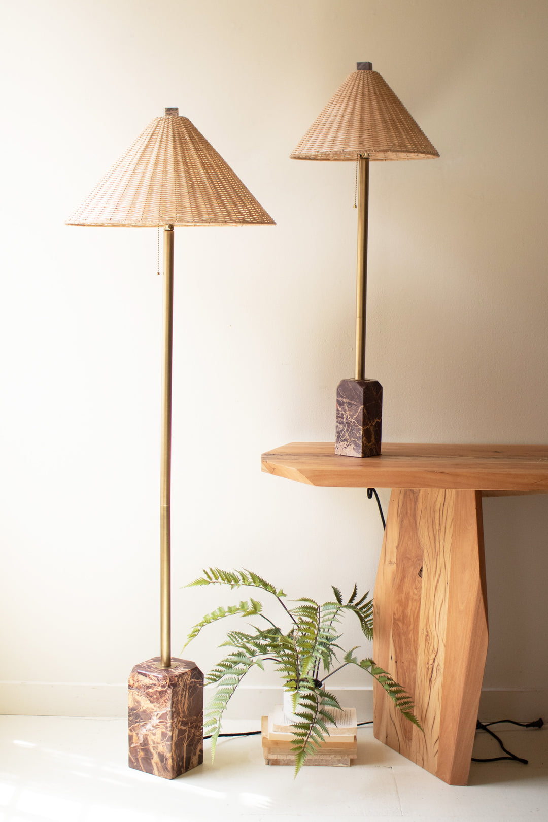 Table Lamp with Red Marble Base and Rattan Shade