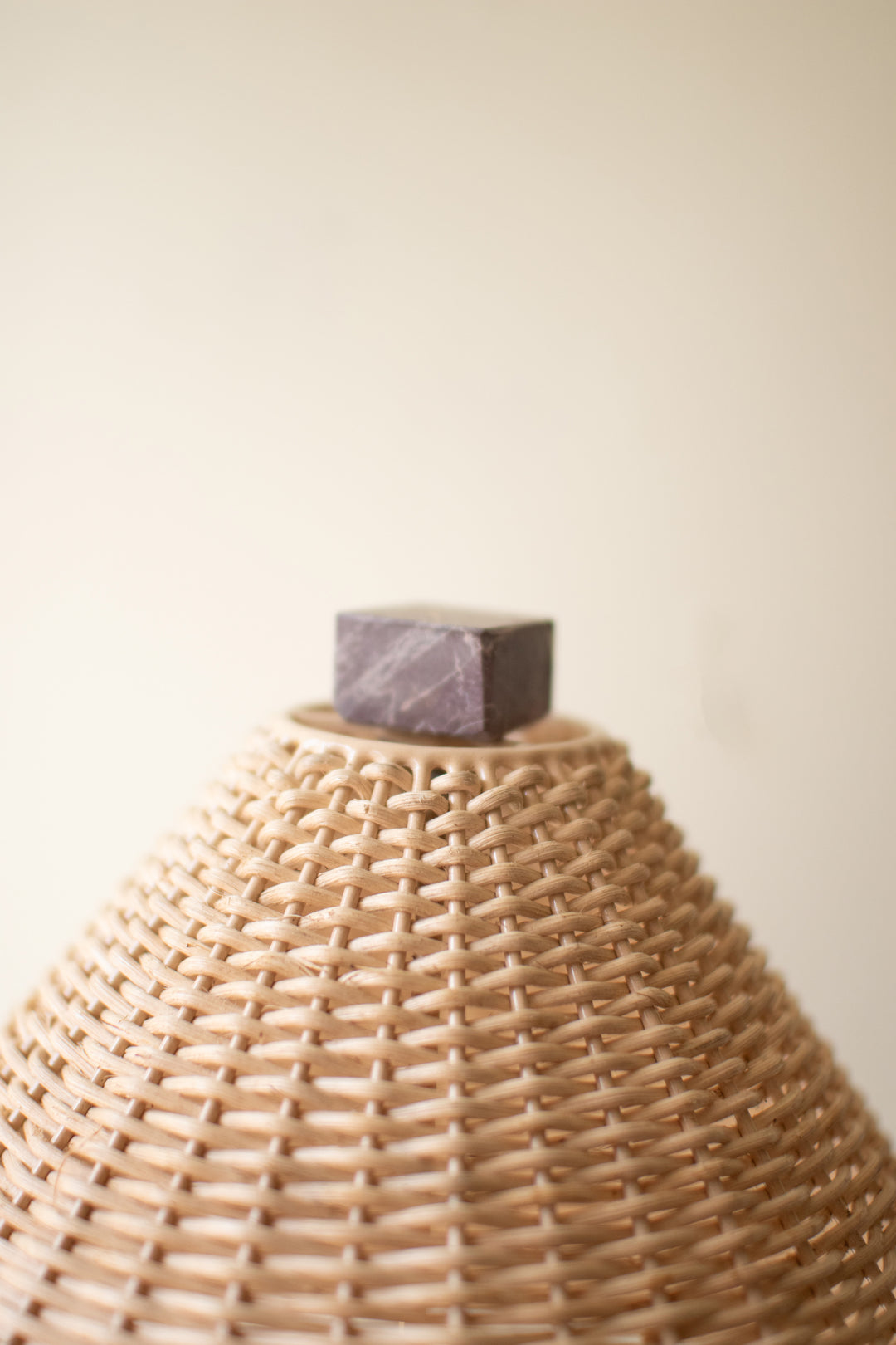 Table Lamp with Red Marble Base and Rattan Shade