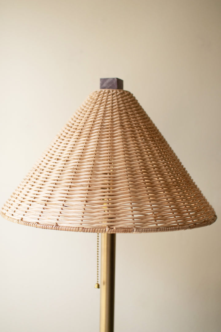Table Lamp with Red Marble Base and Rattan Shade