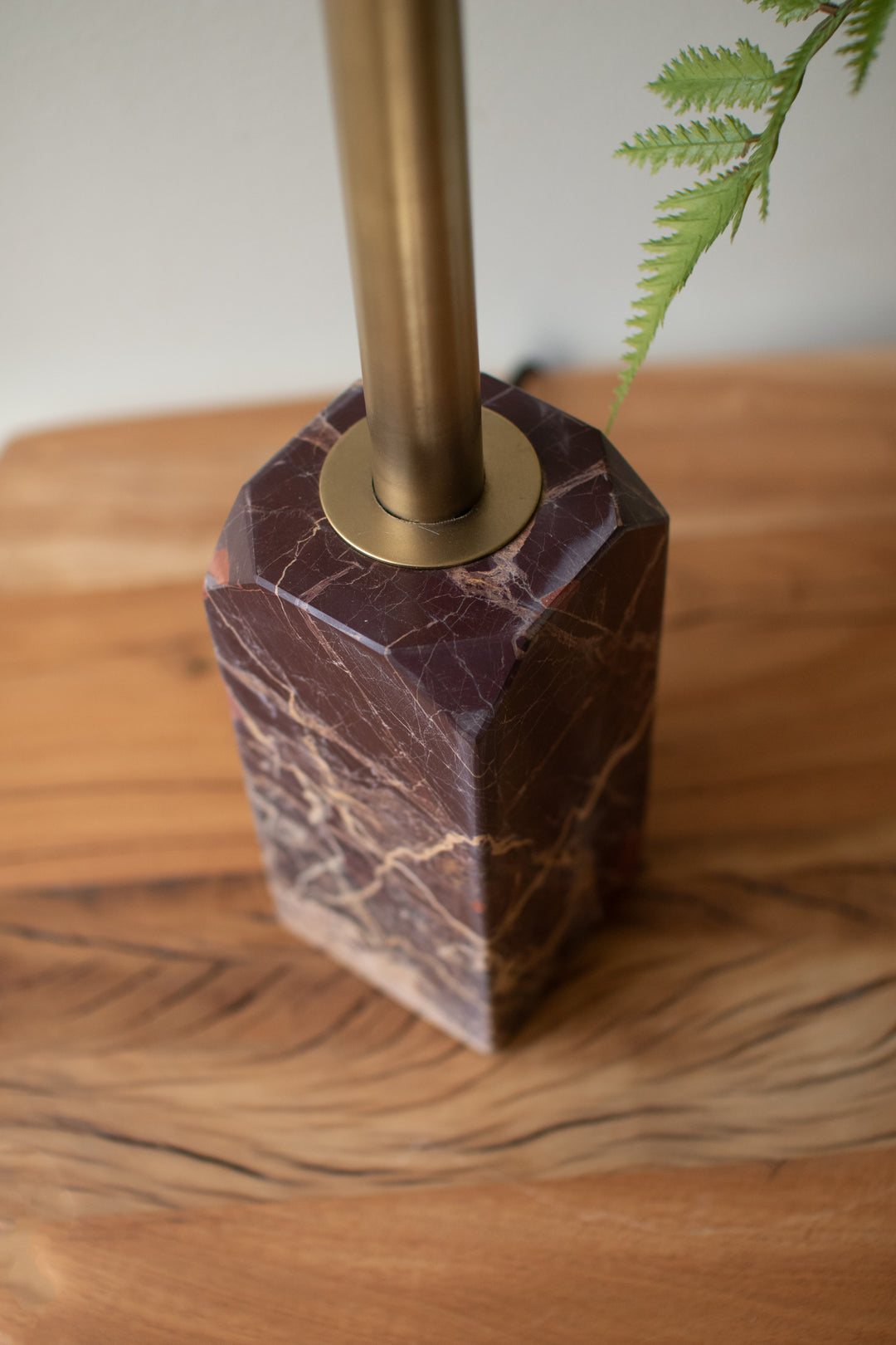 Table Lamp with Red Marble Base and Rattan Shade