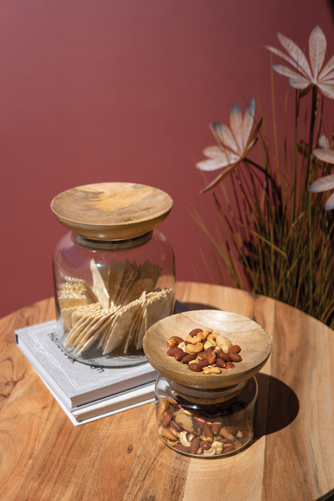 Set of 2 Glass Canisters with Wooden Bowl Lids