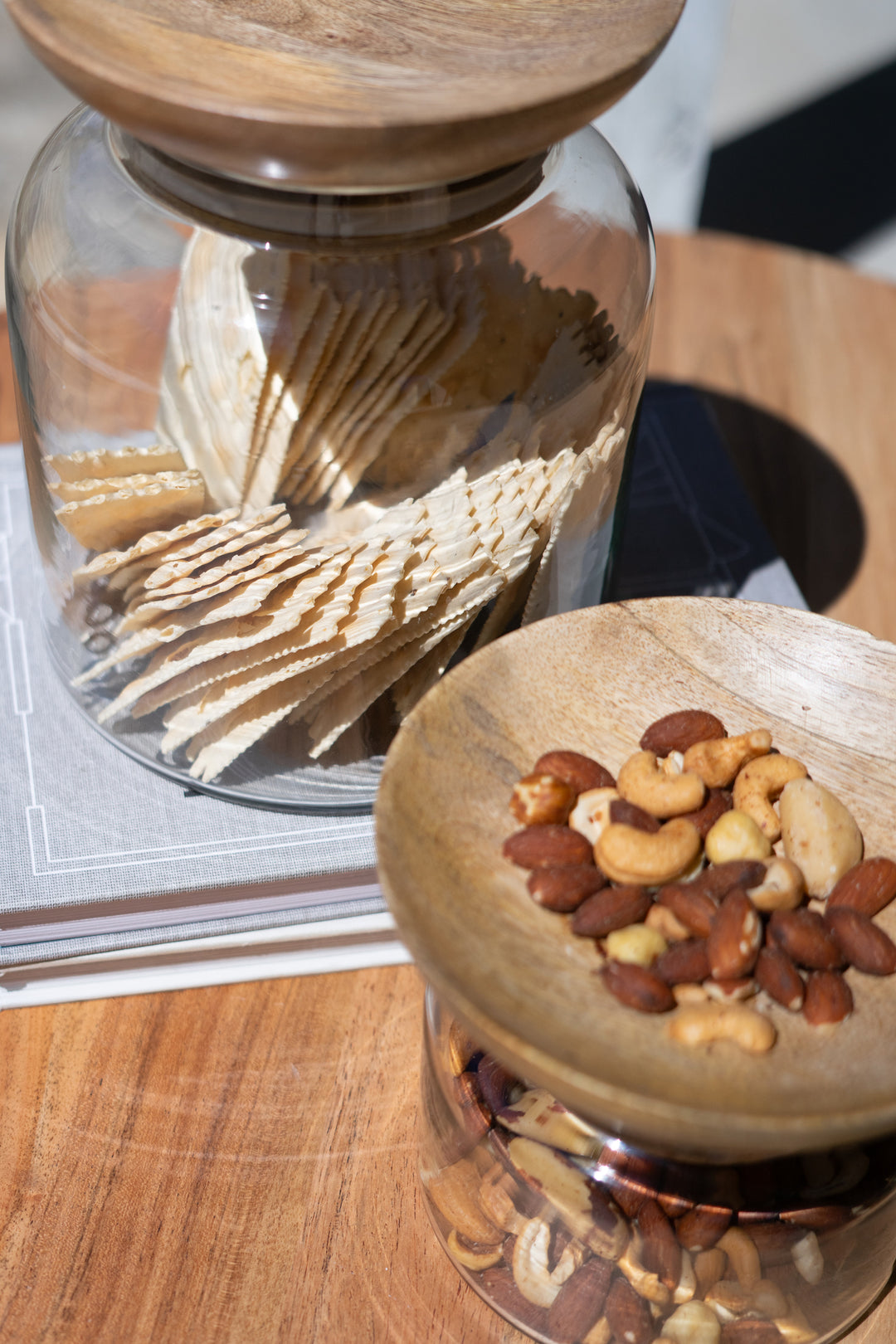 Set of 2 Glass Canisters with Wooden Bowl Lids