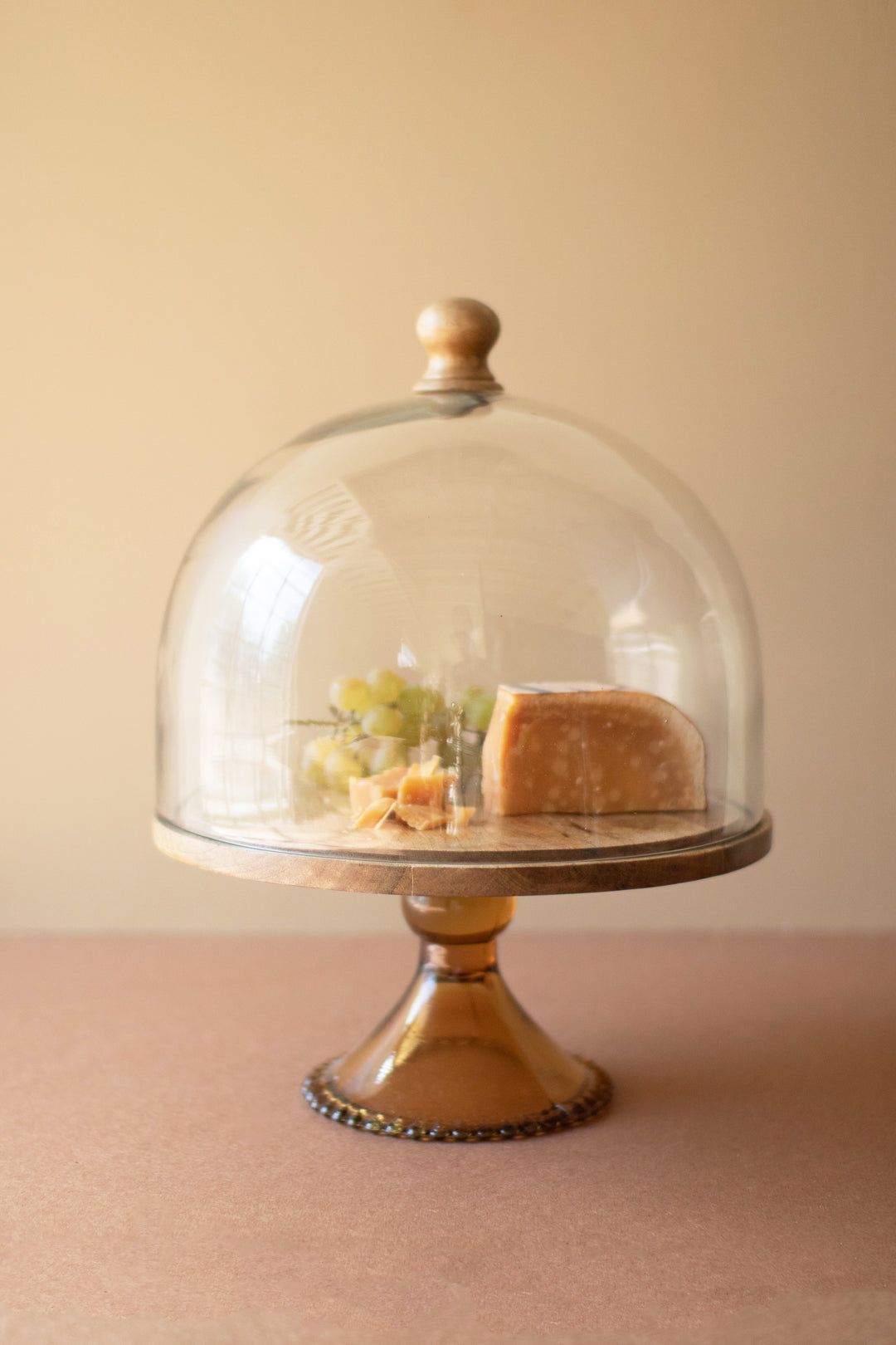Mango Wood Cake Display with Glass Dome and Base