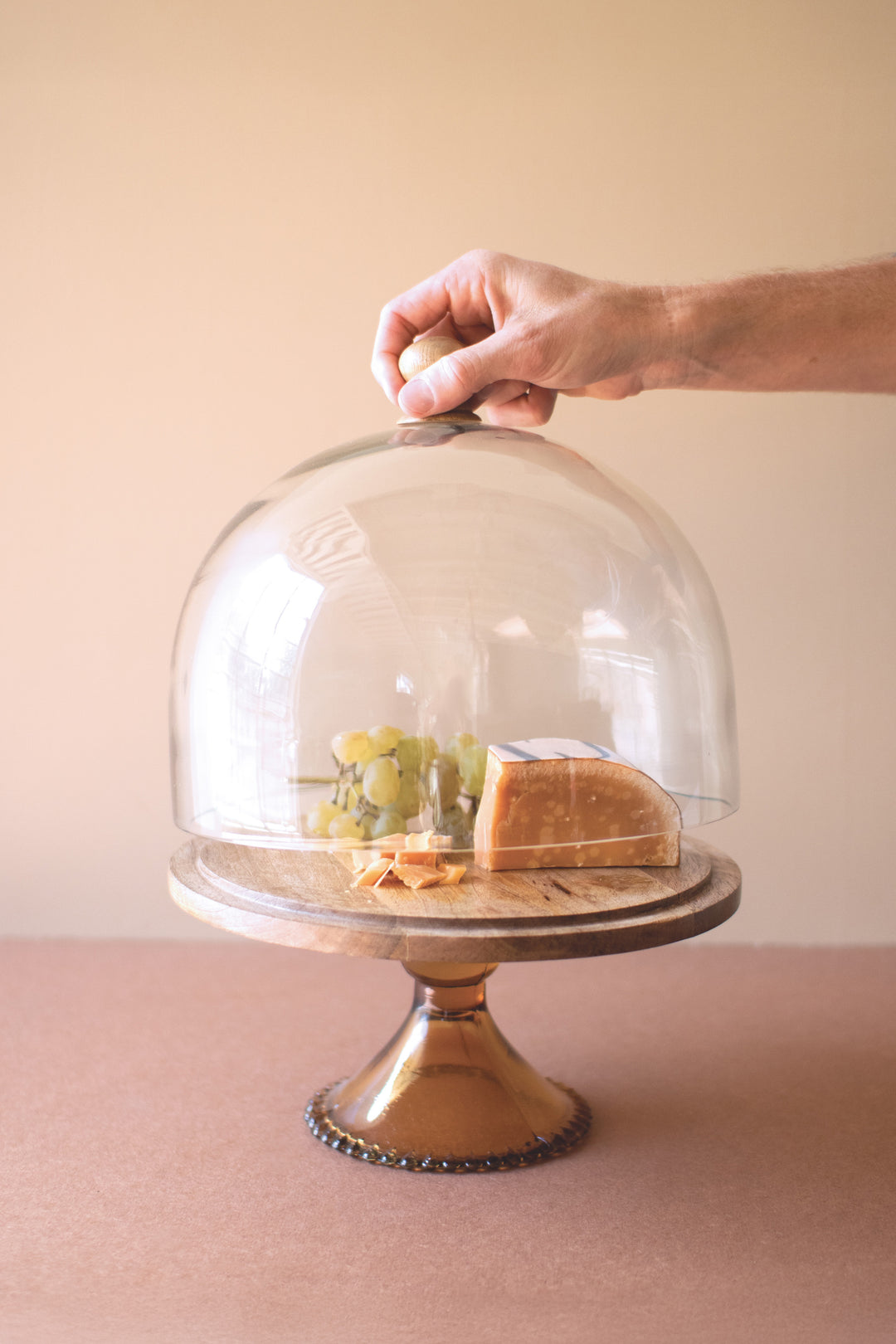 Mango Wood Cake Display with Glass Dome and Base