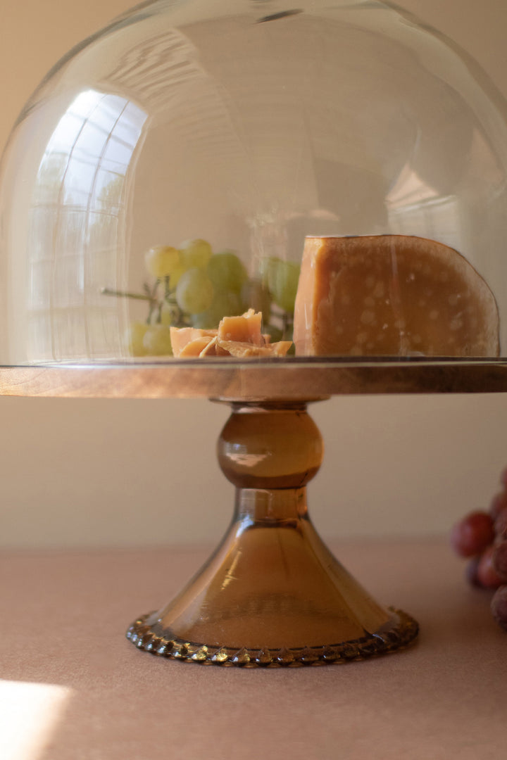 Mango Wood Cake Display with Glass Dome and Base