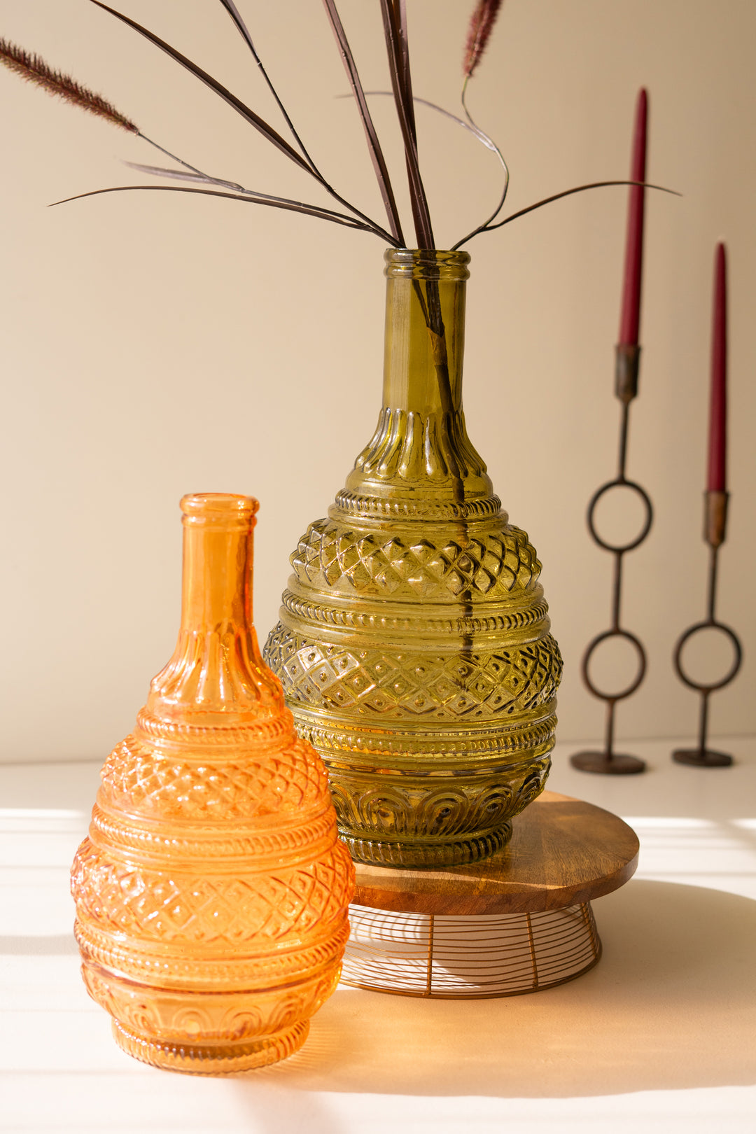 Set of 2 Large Pressed Glass Vases
