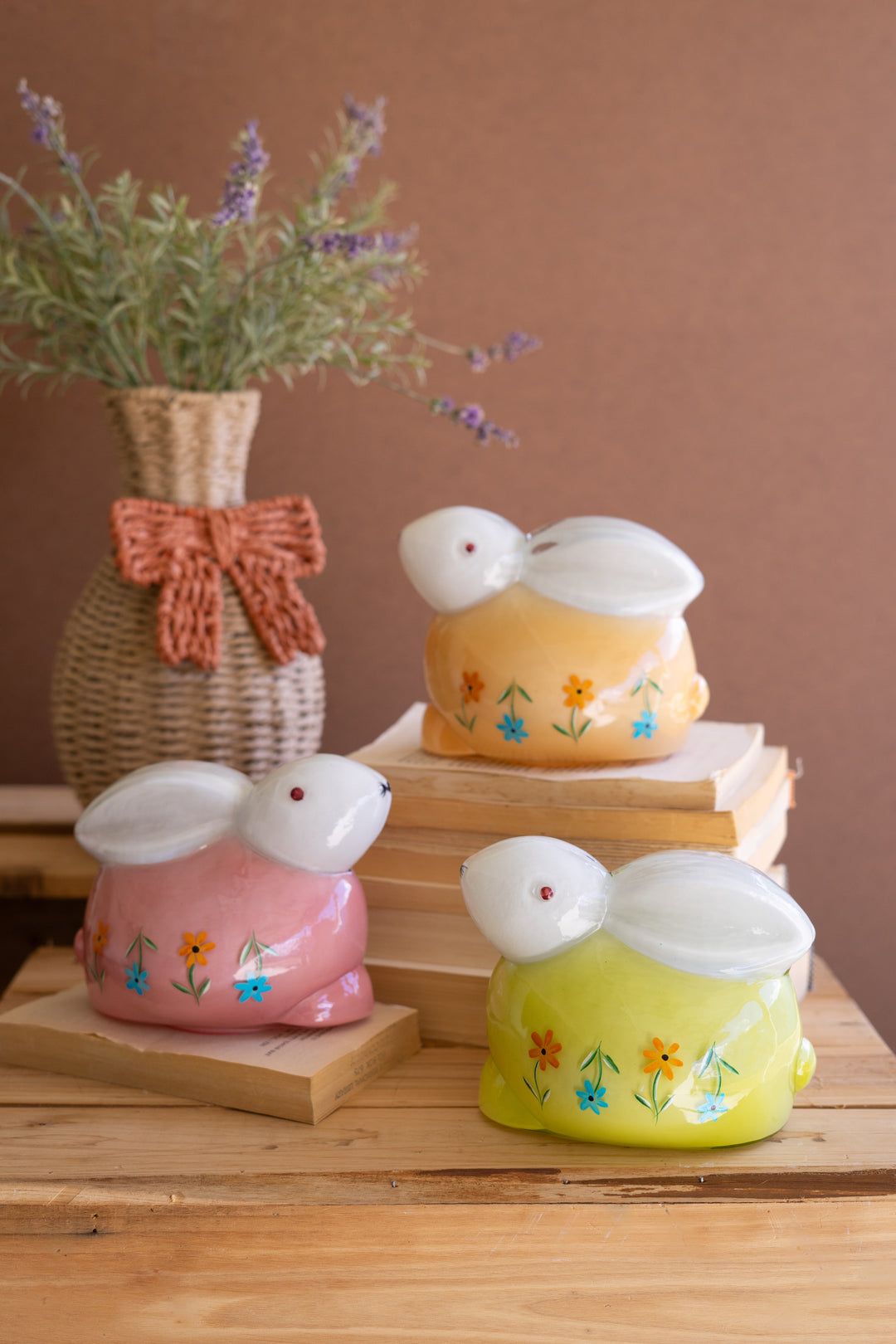 Set of 3 Hand-Painted Glass Bunnies