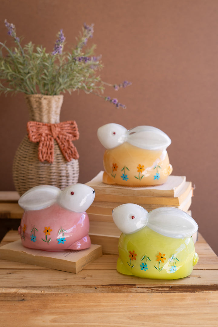 Set of 3 Hand-Painted Glass Bunnies