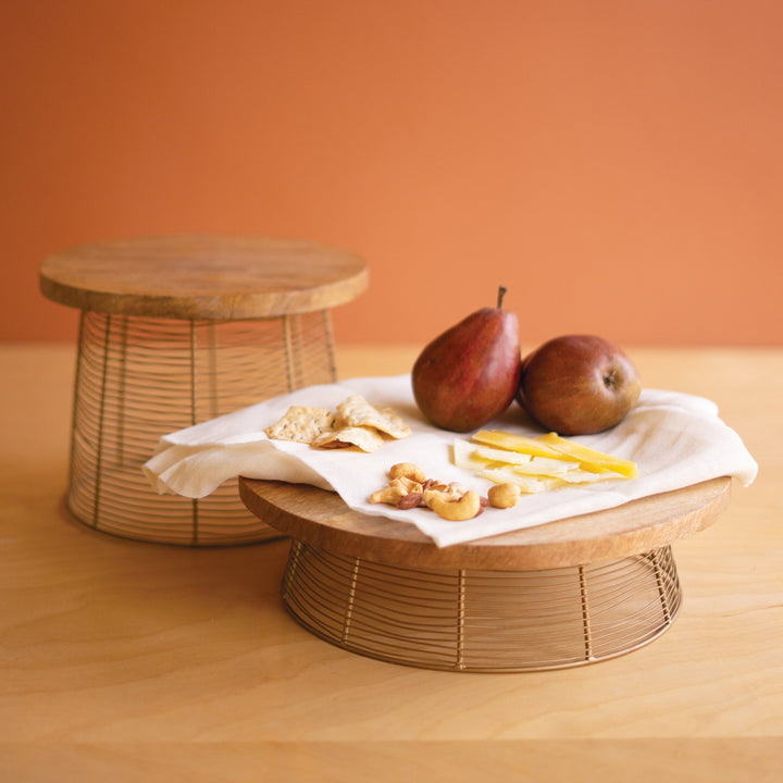 Set of 2 Round Mango Wood and Antique Gold Wire Risers