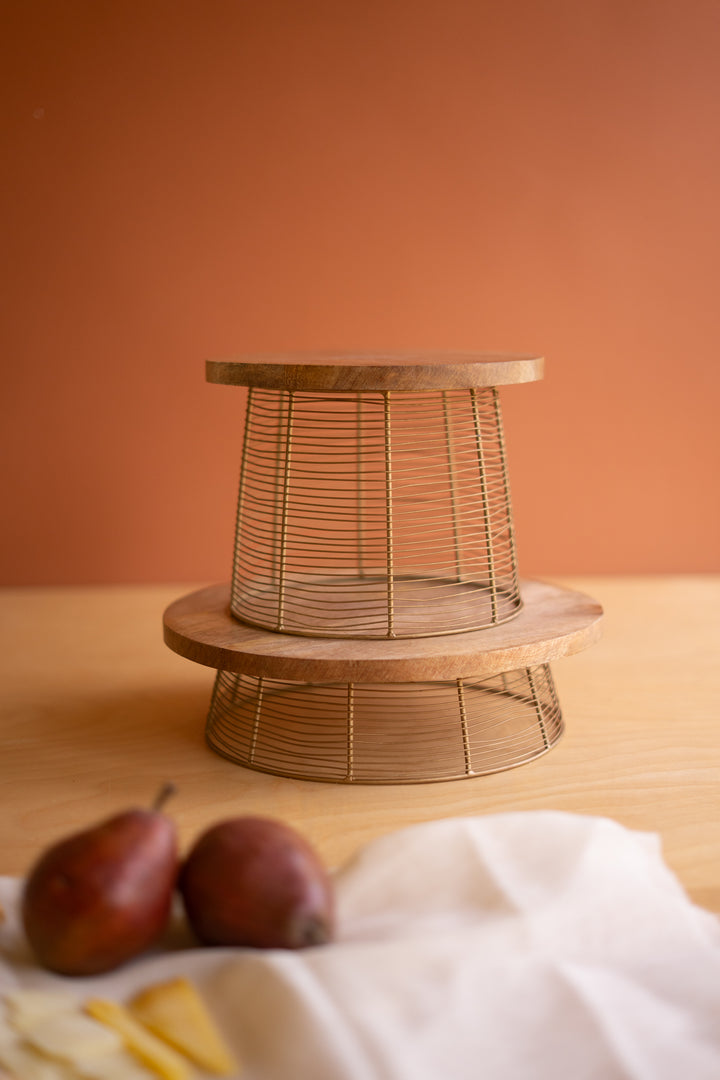 Set of 2 Round Mango Wood and Antique Gold Wire Risers