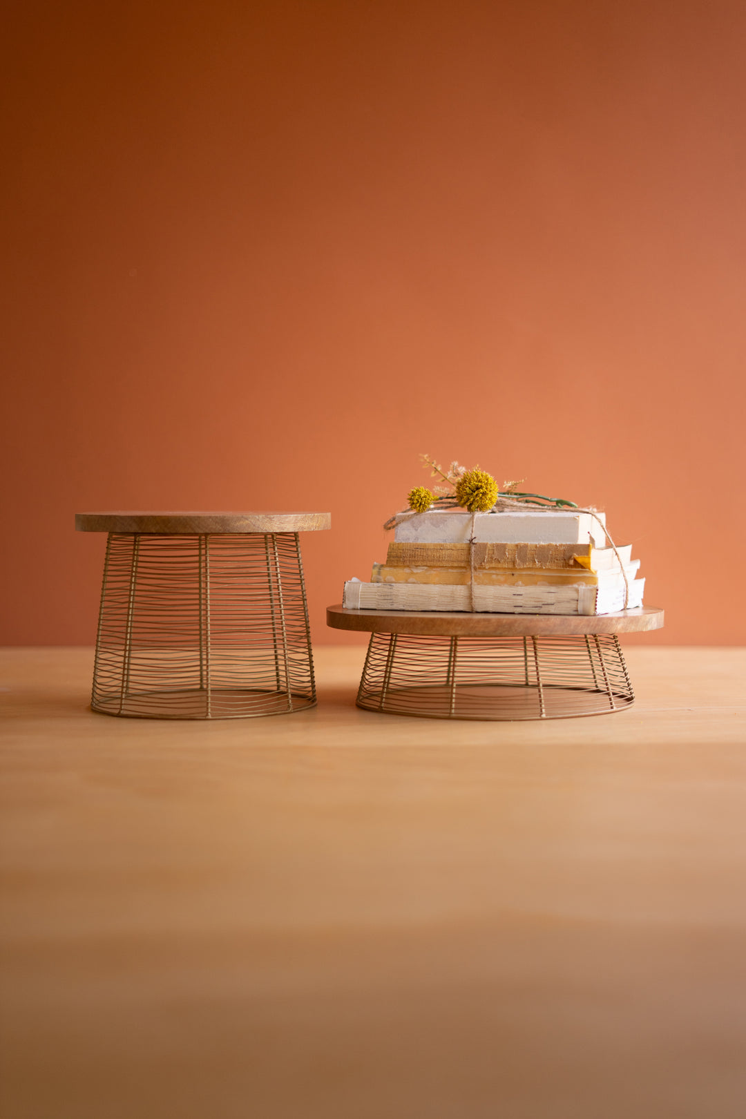 Set of 2 Round Mango Wood and Antique Gold Wire Risers