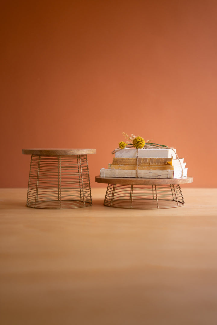 Set of 2 Round Mango Wood and Antique Gold Wire Risers
