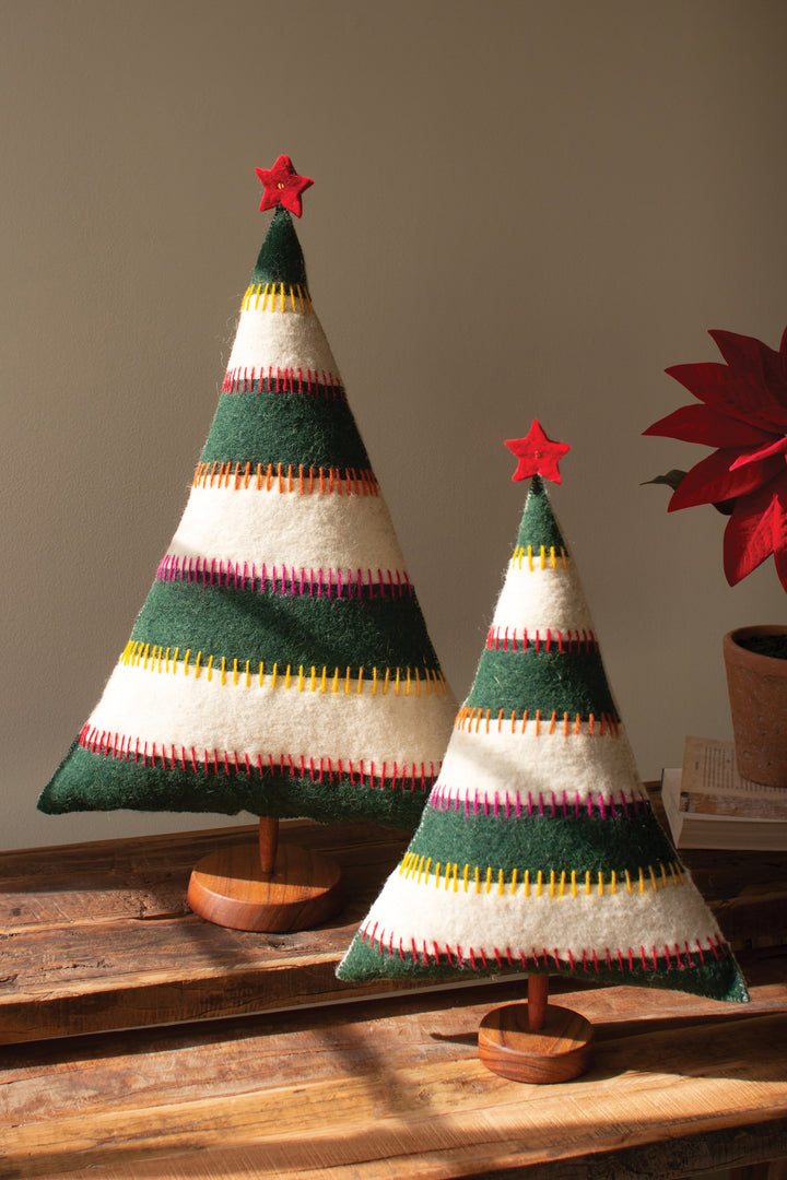 Set of 2 Felt Christmas Trees on Wood Bases