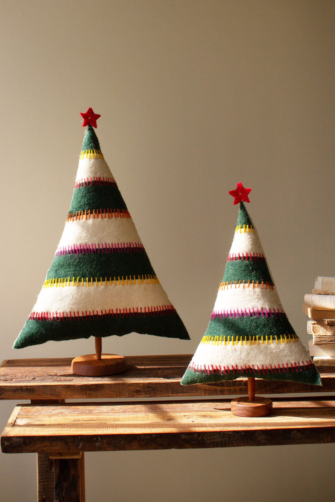 Set of 2 Felt Christmas Trees on Wood Bases