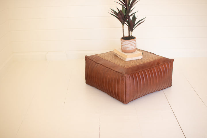 Square Pouf With Leather And Woven Cane