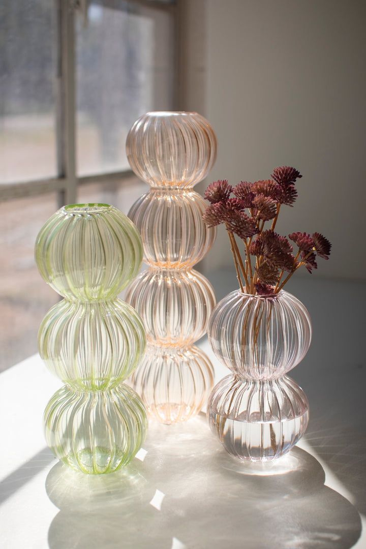 Set of 3 Fluted Glass Stacking Ball Vases