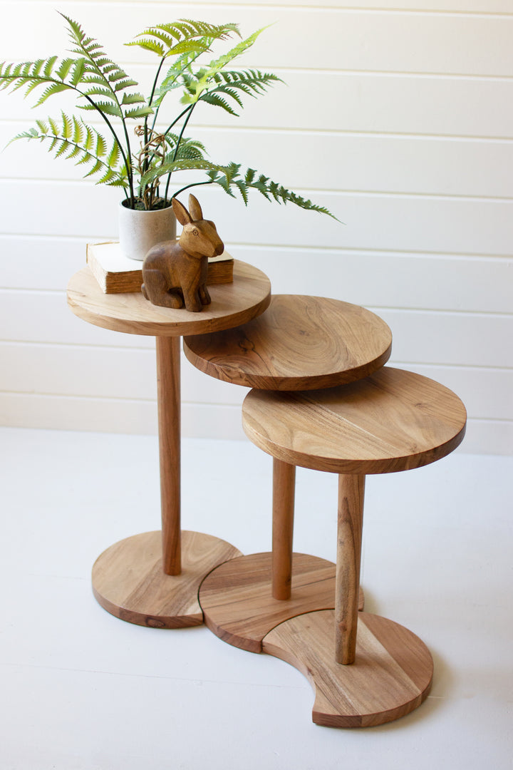 Set Of 3 Round Acacia Wood Side Tables