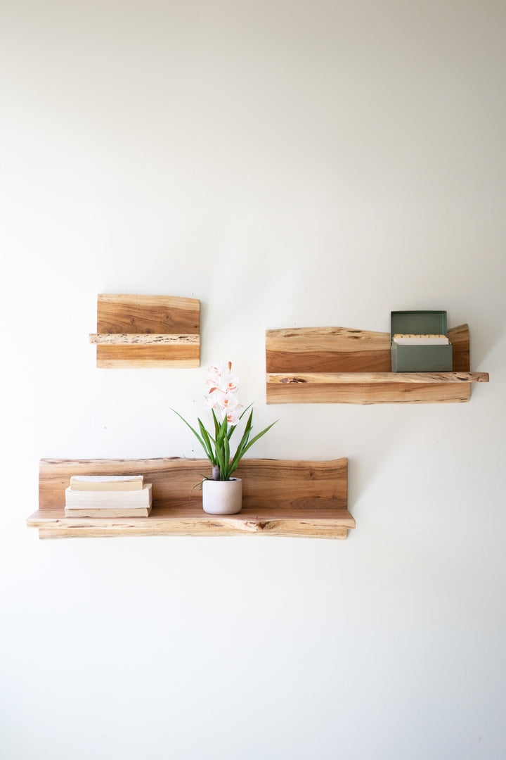 Set of 3 Acacia Wood Floating Wall Shelves