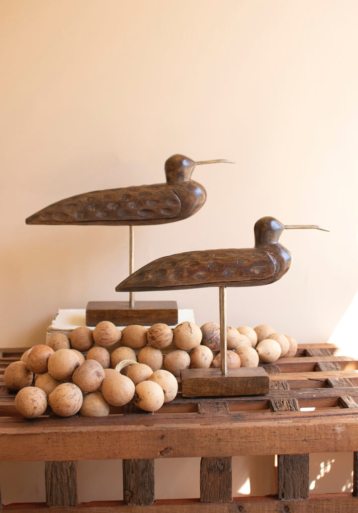 Set of 2 Carved Wooden Shorebirds on Stands