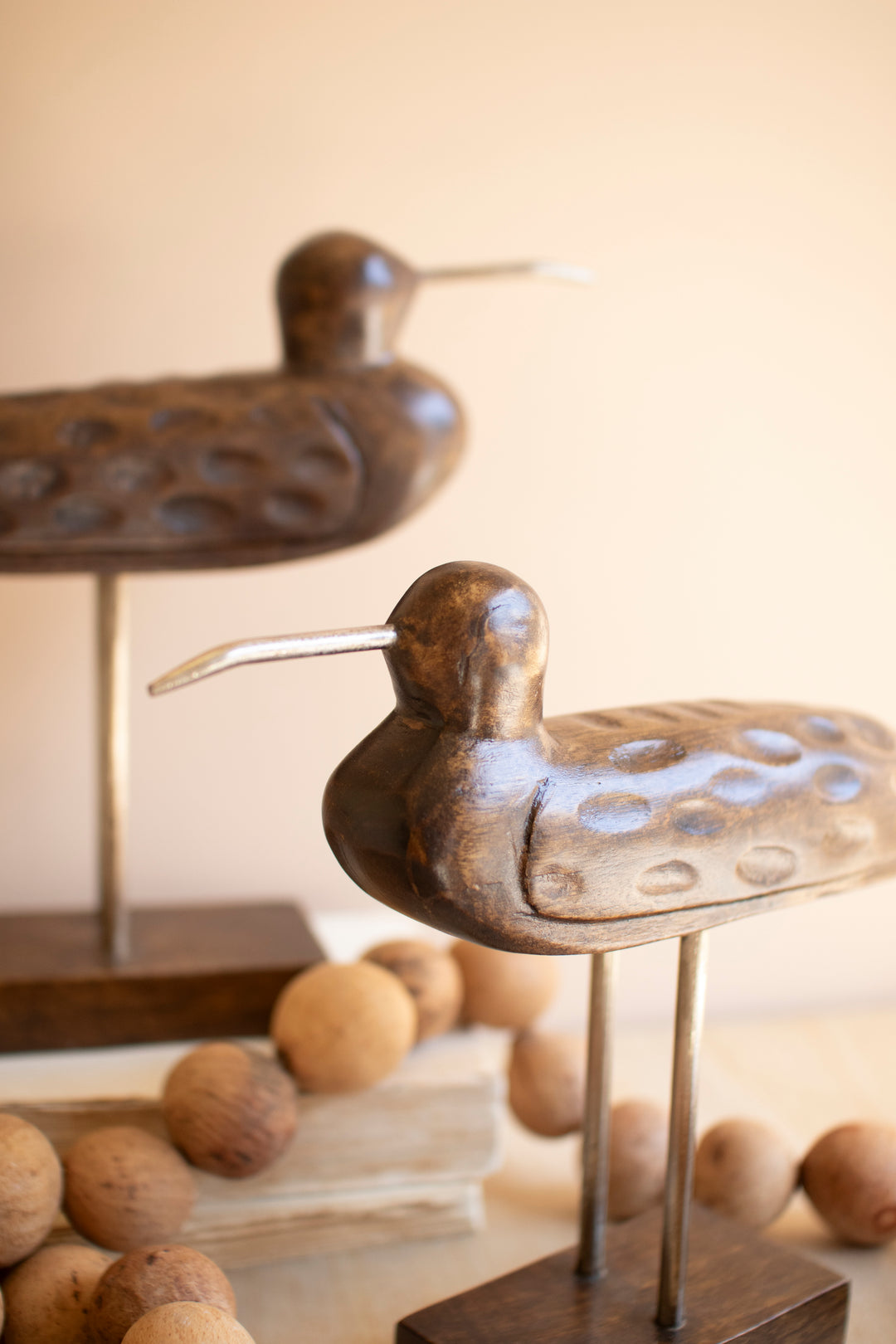 Set of 2 Carved Wooden Shorebirds on Stands