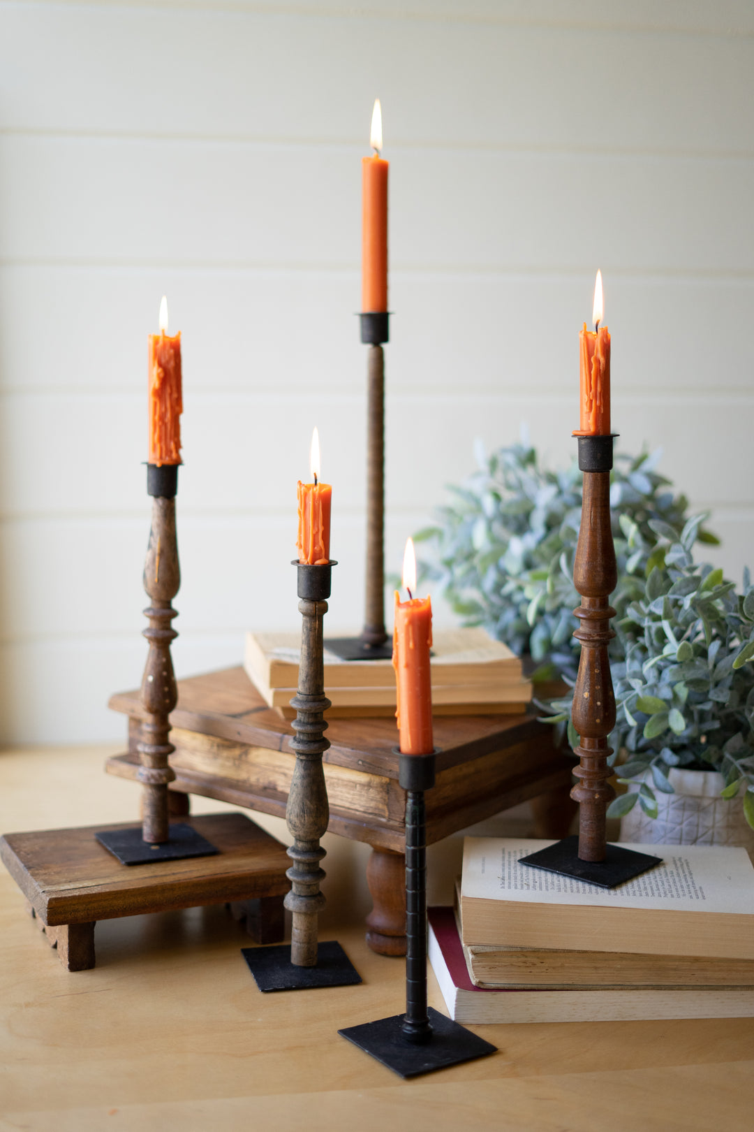 Set Of 5 Repurposed Wood And Metal Spindle Taper Candle Holders