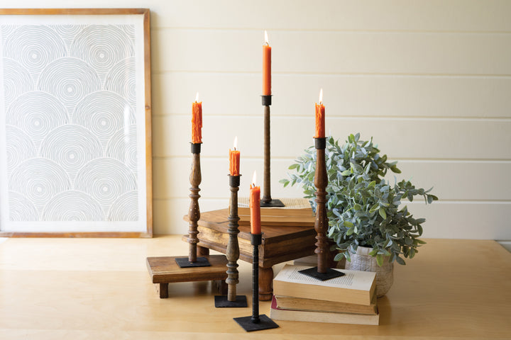Set Of 5 Repurposed Wood And Metal Spindle Taper Candle Holders
