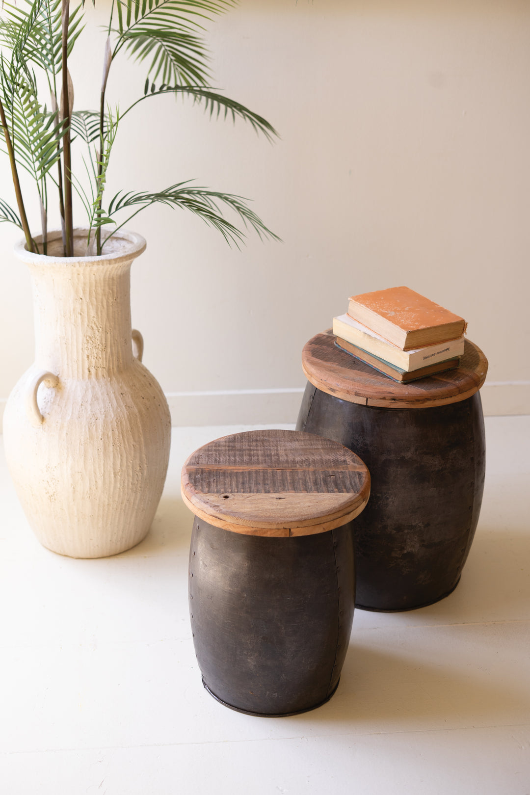 Set of 2 Recycled Wood and Metal Drum Tables