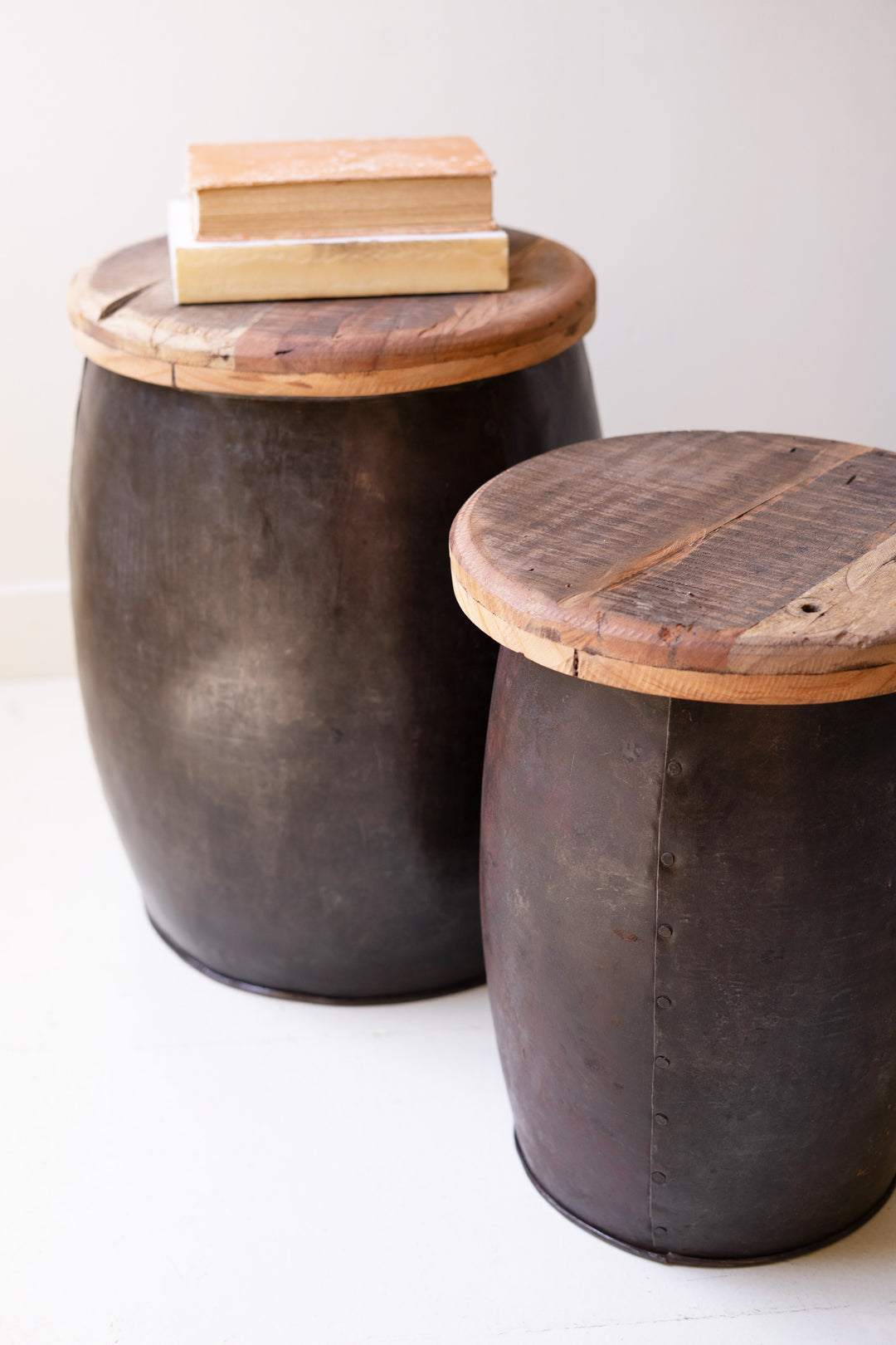 Set of 2 Recycled Wood and Metal Drum Tables