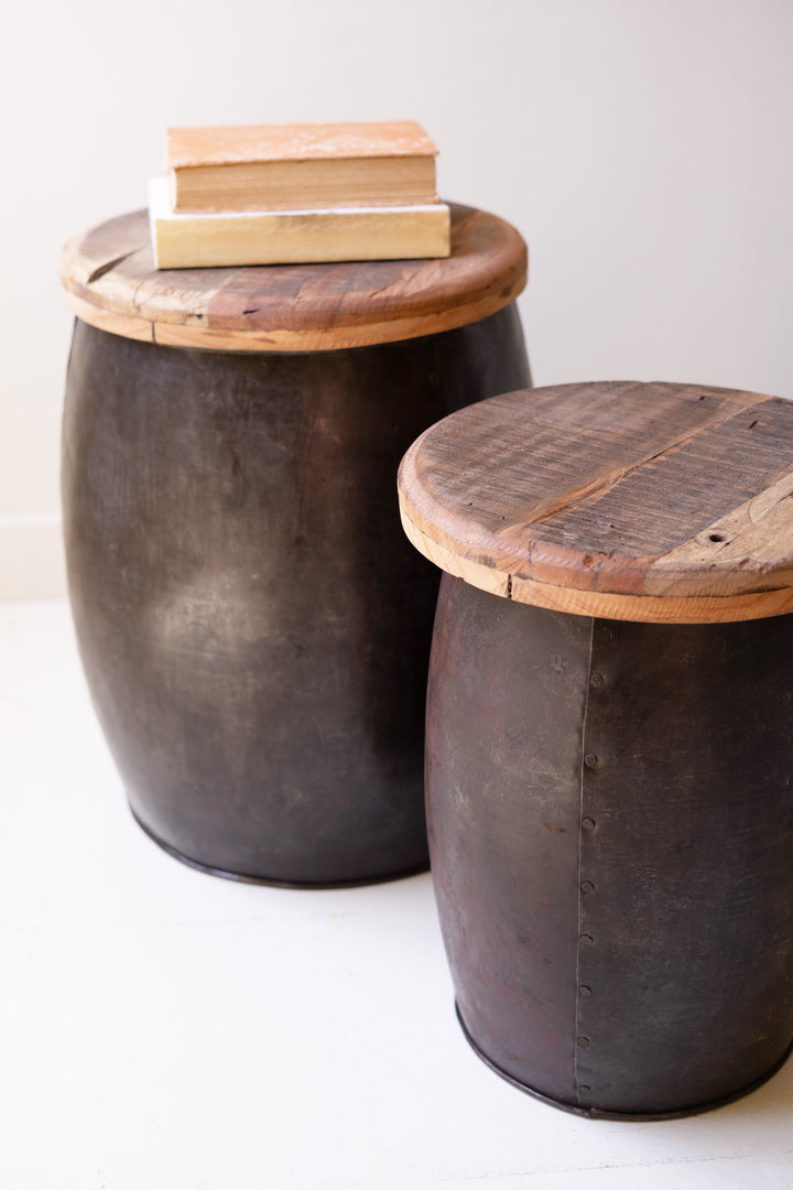 Set of 2 Recycled Wood and Metal Drum Tables