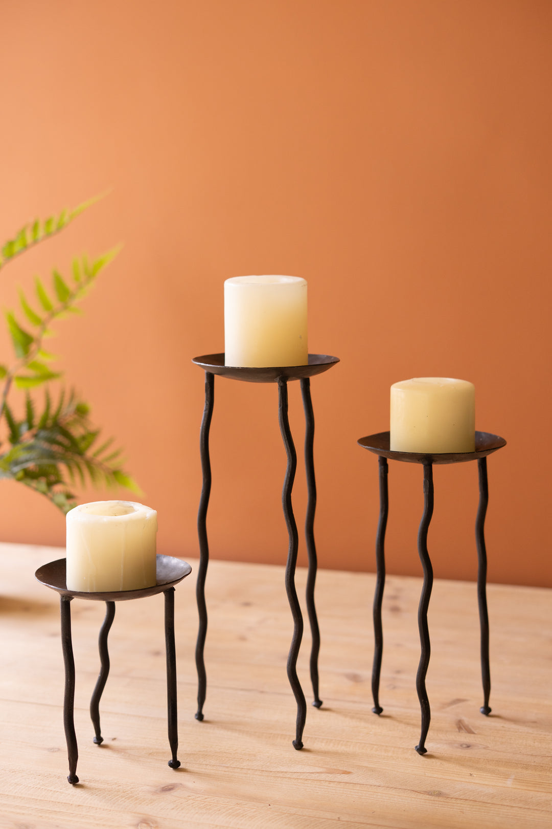 Set of 3 Forged-Iron Rustic Metal Candle Stands with Wavy Legs
