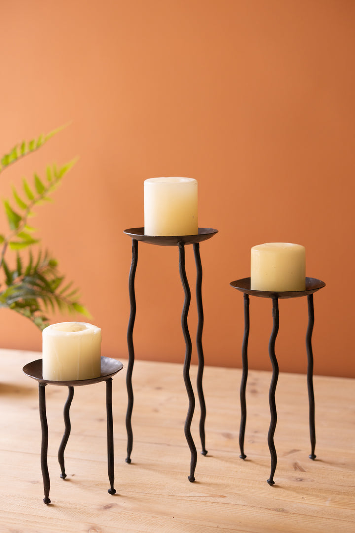 Set of 3 Forged-Iron Rustic Metal Candle Stands with Wavy Legs